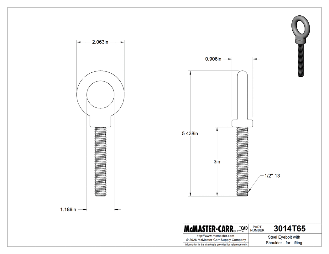 Technical Drawing of Steel Eyebolt with Shoulder - for Lifting, 1/2"-13 Thread Size, 3" Thread Length .